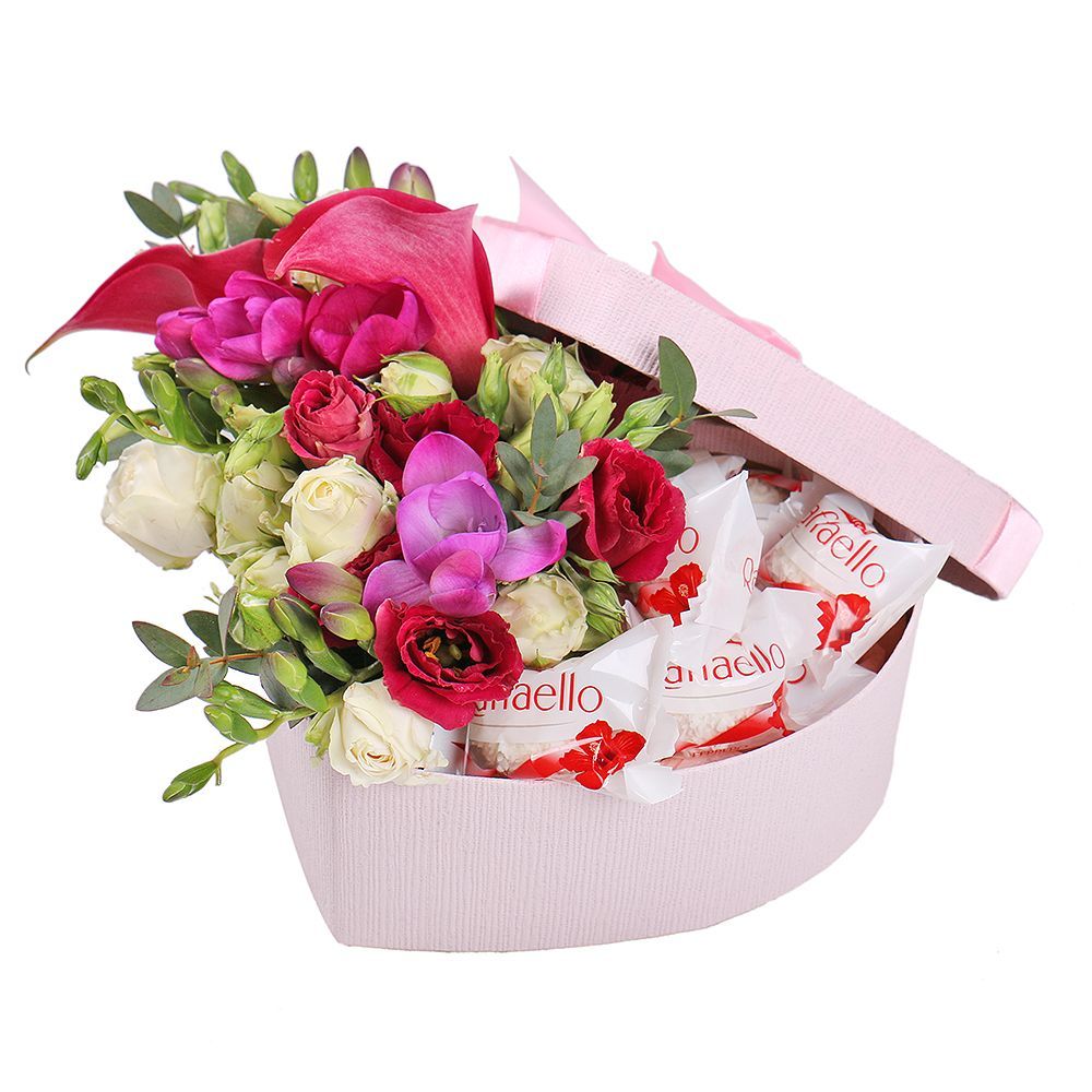 calla, eustoma, spray rose, freesia (3 pcs.), eucalyptus, heart-shaped box, packaging, ribbon