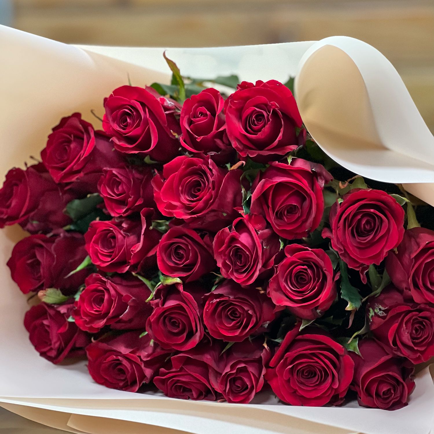 red rose (25 pcs.), packaging, ribbon