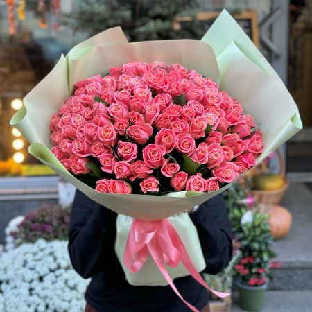coral rose (101 pcs.), packaging, ribbon