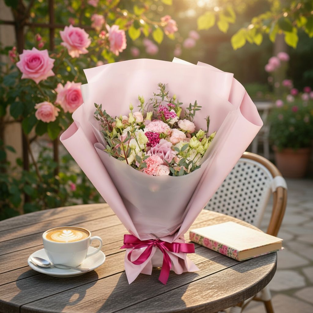 rose memory lane, white eustoma, pink spray roses, pink carnation, eucalyptus, chamelacium, packaging, ribbon
