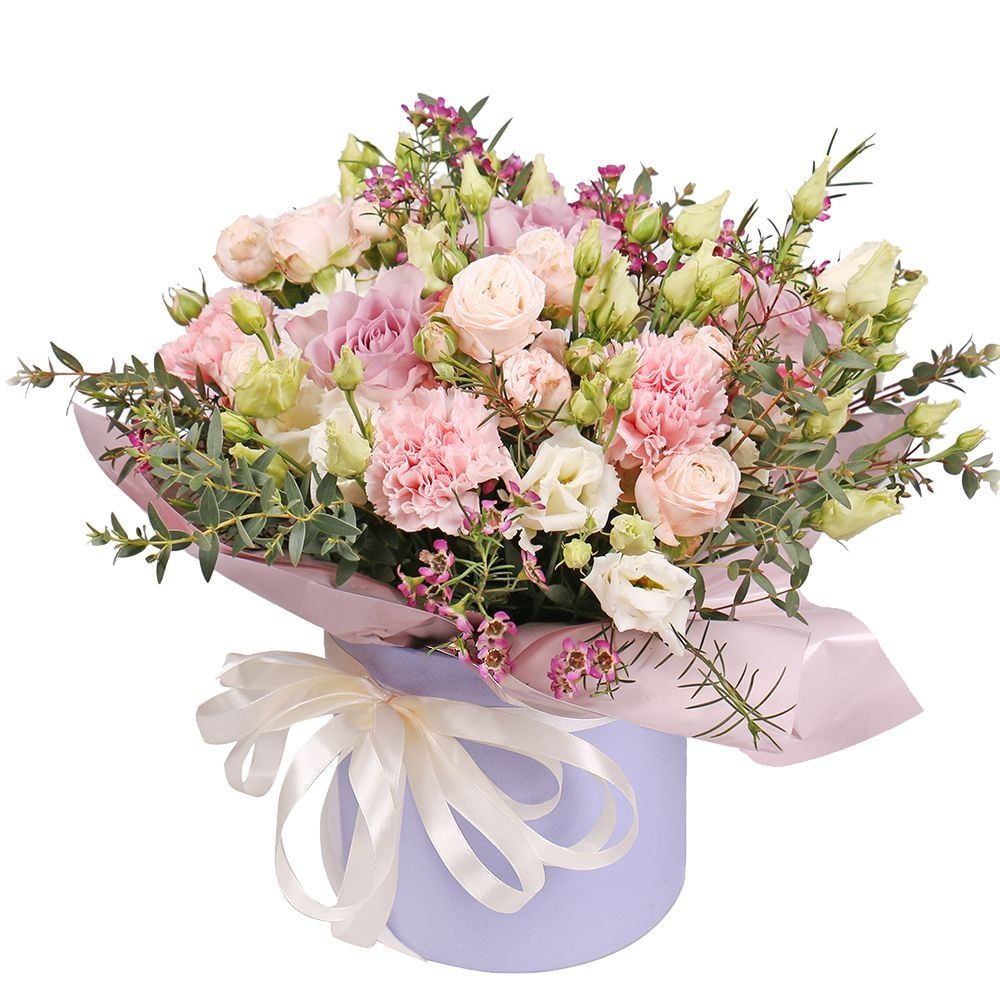 rose memory lane, white eustoma, pink spray roses, pink carnation, eucalyptus, chamelacium, packaging, ribbon