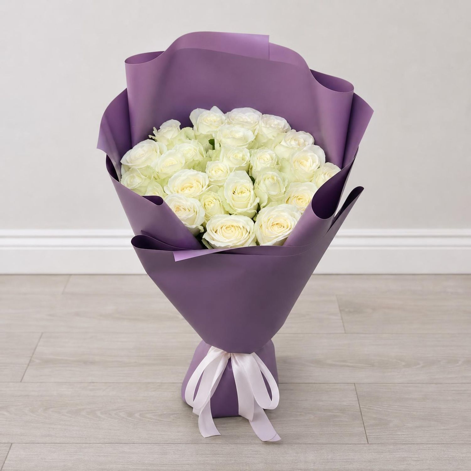 white rose (25 pcs.), packaging, ribbon
