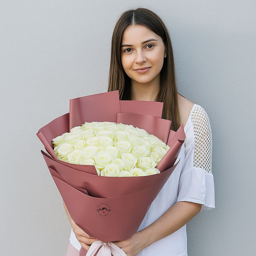 white rose (51 pcs.), packaging, ribbon