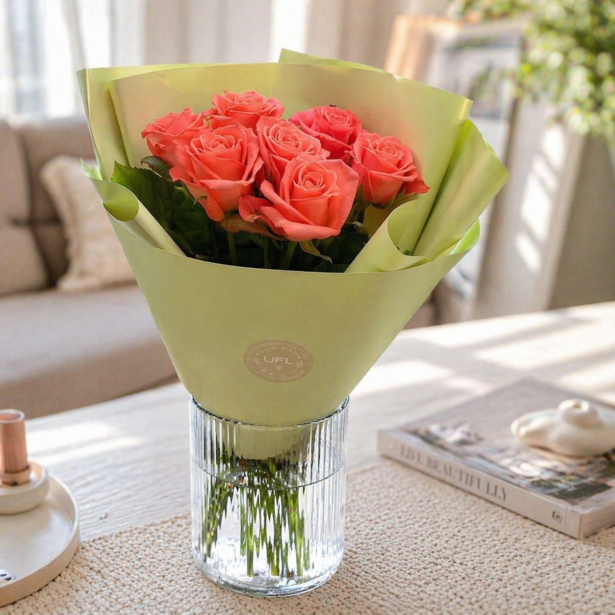 coral rose (7 pcs.), packaging, ribbon