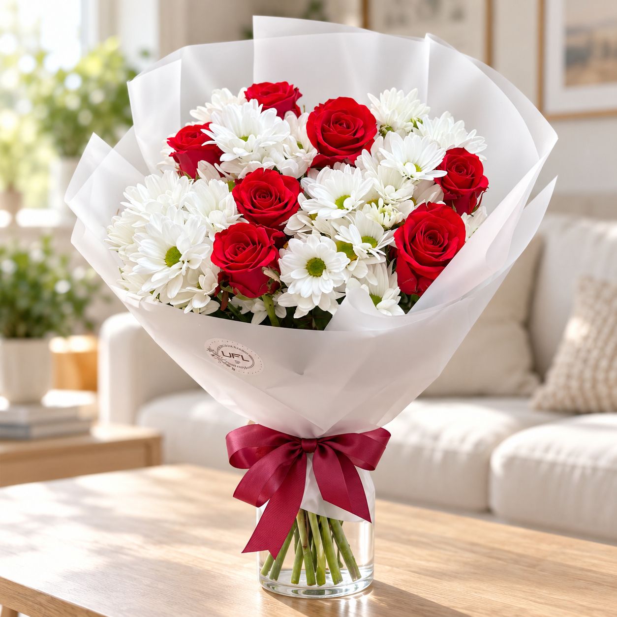 white spray chrysanthemum, red rose (7 pcs.), packaging, ribbon