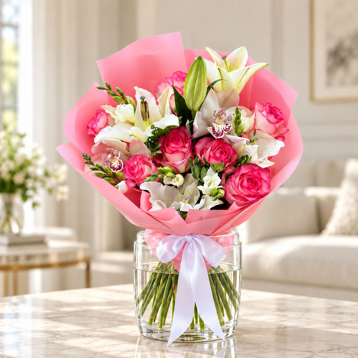 pink rose (7 pcs.), white lily, white freesia, white cymbidium, packaging, ribbon