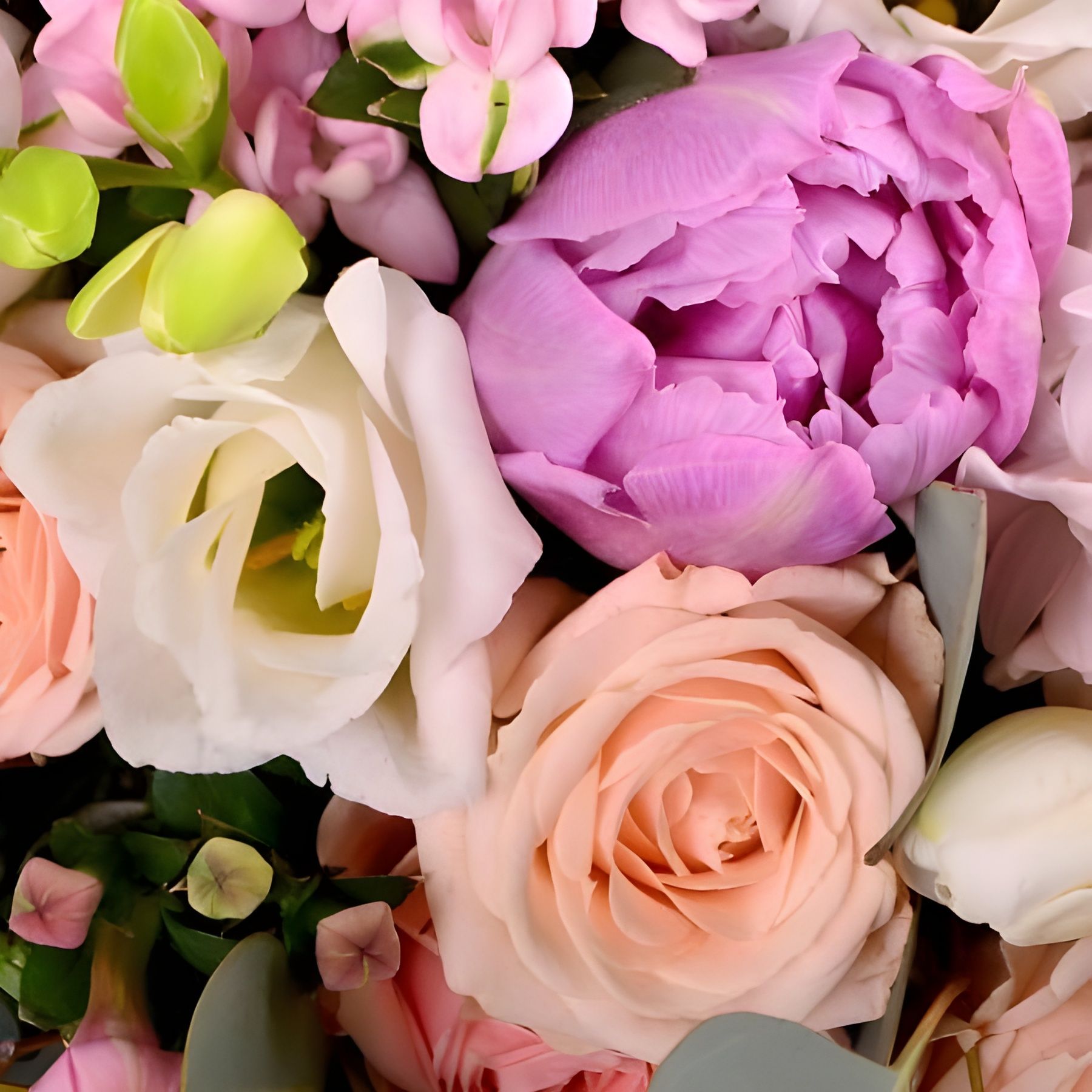 spray rose (10 pcs.), freesia, hyacinth, hypericum, eucalyptus, eustoma, packaging, ribbon