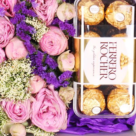 bush rose lavender, oasis, square box, ferrero rocher candies 200 g, blue statice (3 pcs.), white trachelium (3 pcs.), packaging, ribbon