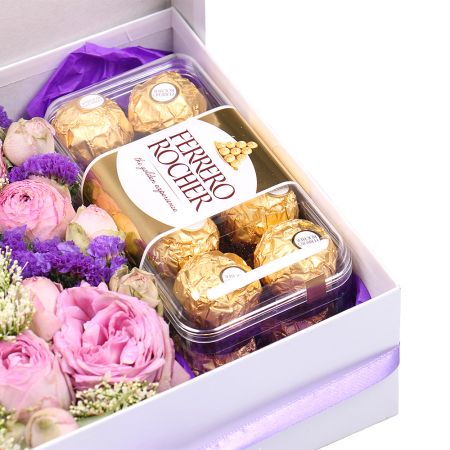 bush rose lavender, oasis, square box, ferrero rocher candies 200 g, blue statice (3 pcs.), white trachelium (3 pcs.), packaging, ribbon