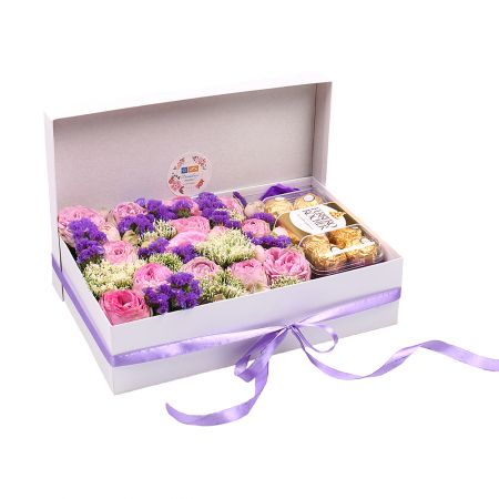 bush rose lavender, oasis, square box, ferrero rocher candies 200 g, blue statice (3 pcs.), white trachelium (3 pcs.), packaging, ribbon