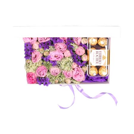 bush rose lavender, oasis, square box, ferrero rocher candies 200 g, blue statice (3 pcs.), white trachelium (3 pcs.), packaging, ribbon