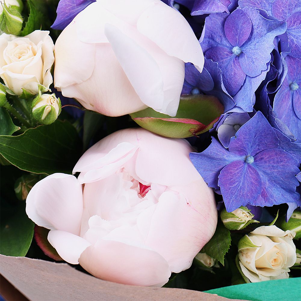 peony, hydrangea, hypericum, spray rose, eustoma, packaging, ribbon