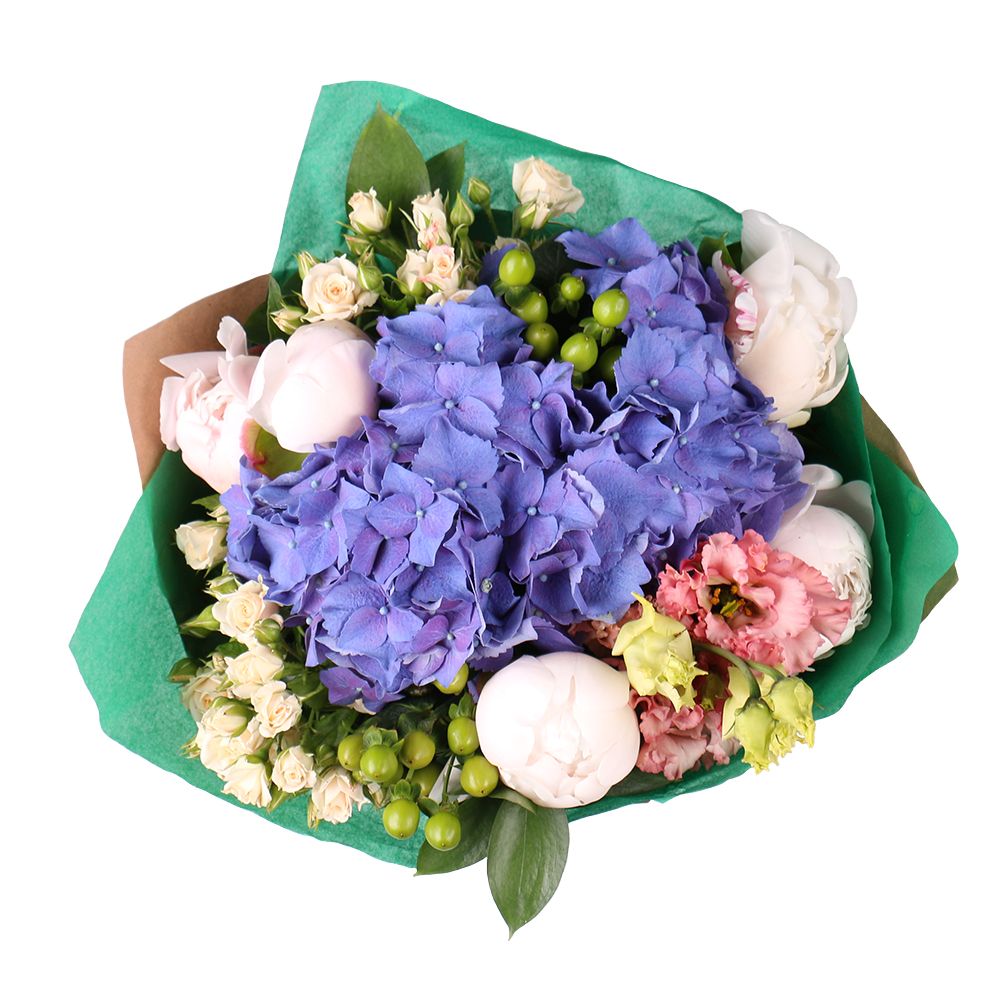 peony, hydrangea, hypericum, spray rose, eustoma, packaging, ribbon