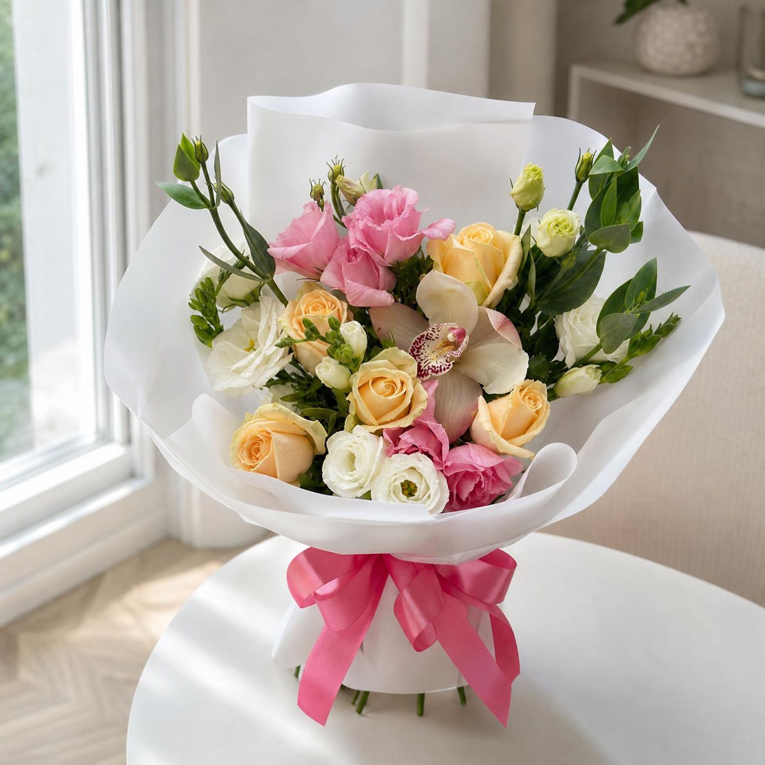cream rose, white freesia, white eustoma, pink eustoma, pink cymbidium, packaging, ribbon