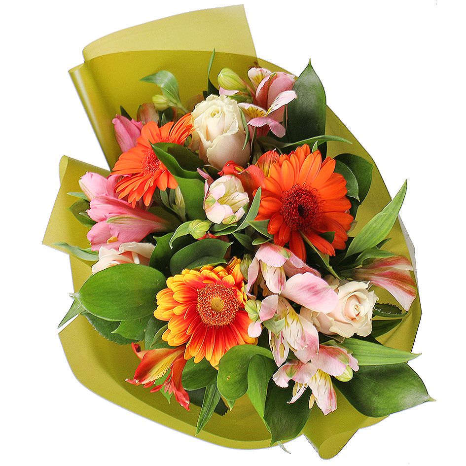 alstroemeria, cream rose, gerbera, packaging, ribbon