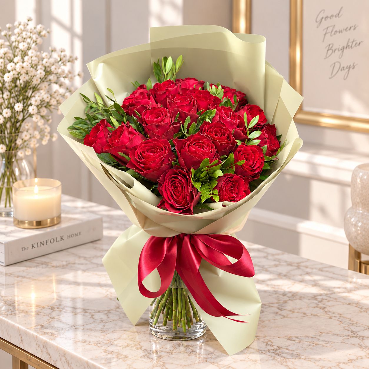 rose (19 pcs.), ruscus, packaging, ribbon