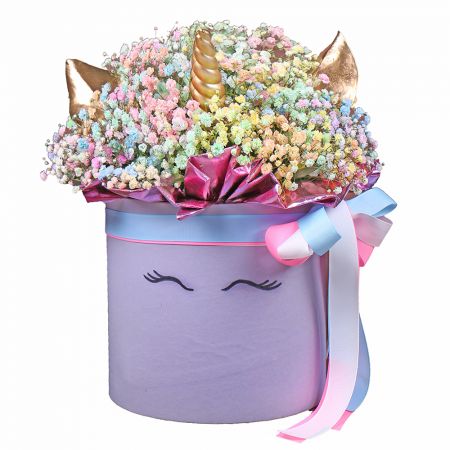 gypsophila (11 pcs.), oasis, decorative elements, packaging, ribbon