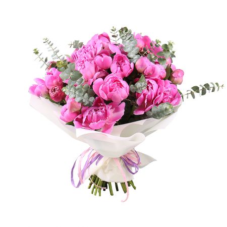 eucalyptus, peony (35 pcs.), packaging, ribbon