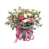 lavender spray rose (9 pcs.), white freesia (9 pcs.), eucalyptus, oasis, box, packaging, ribbon