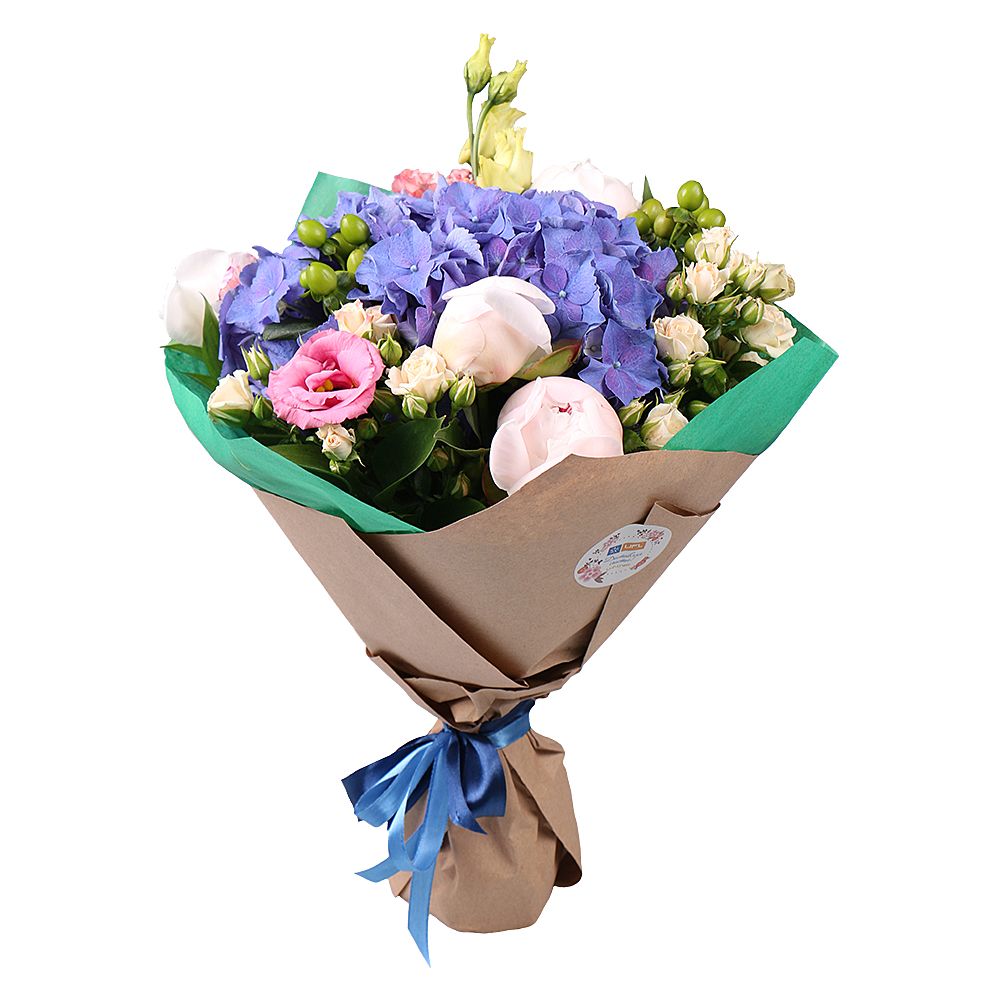 peony, hydrangea, hypericum, spray rose, eustoma, packaging, ribbon