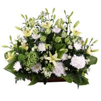 lily, hydrangea, chrysanthemum (7 pcs.), eustoma (7 pcs.), basket, oasis, packaging, ribbon