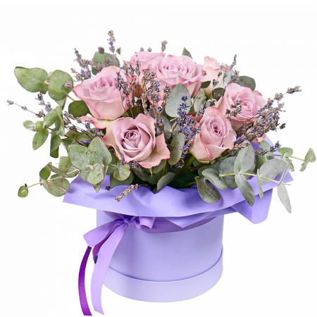 rose memory lane (9 pcs.), eucalyptus, oasis, lavender, round box s 15x16cm, packaging, ribbon