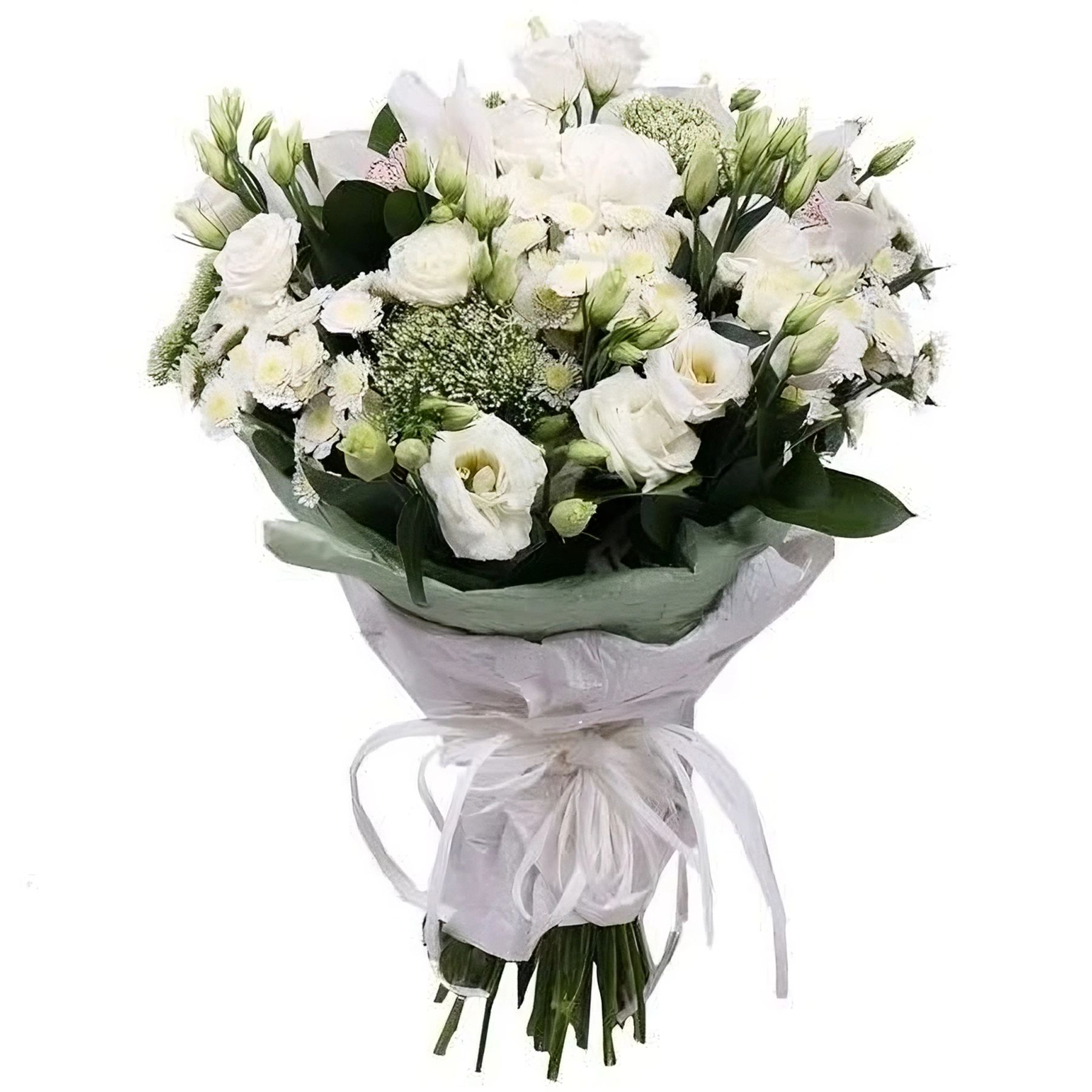 carnation, chrysanthemum, cymbidium, trachelium, eustoma, packaging, ribbon