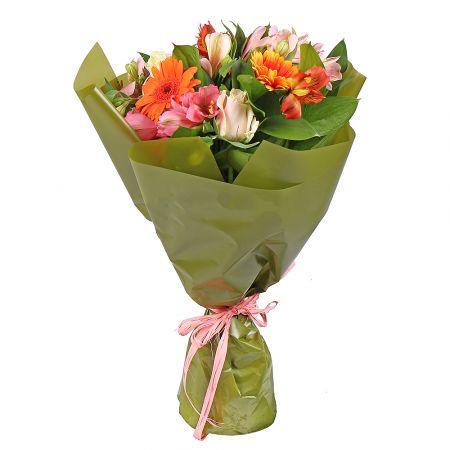 alstroemeria, cream rose, gerbera, packaging, ribbon