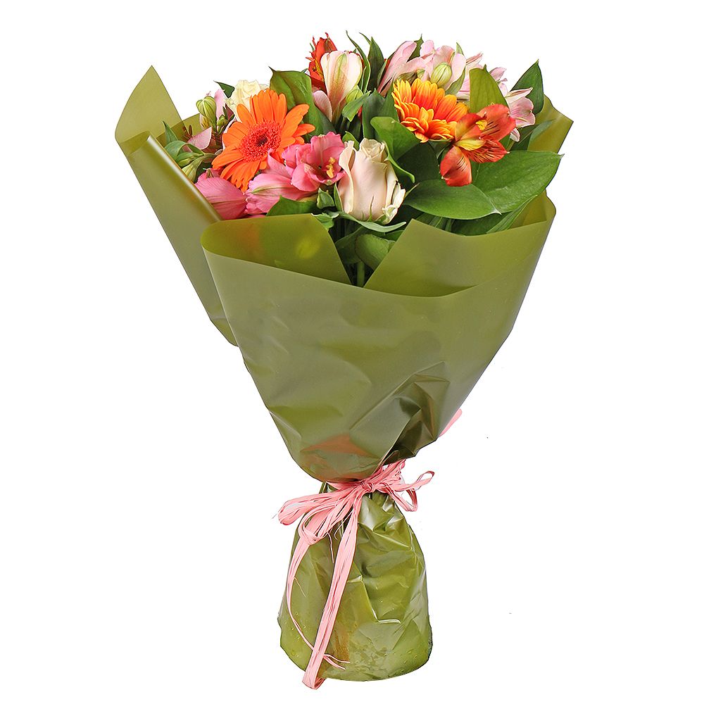 alstroemeria, cream rose, gerbera, packaging, ribbon